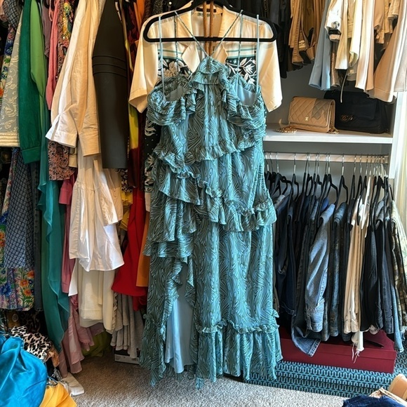 Cinq a Sept- Blue and green Sleeveless Multi Ruffle “Rayner” Printed Midi Dress - Picture 5 of 8